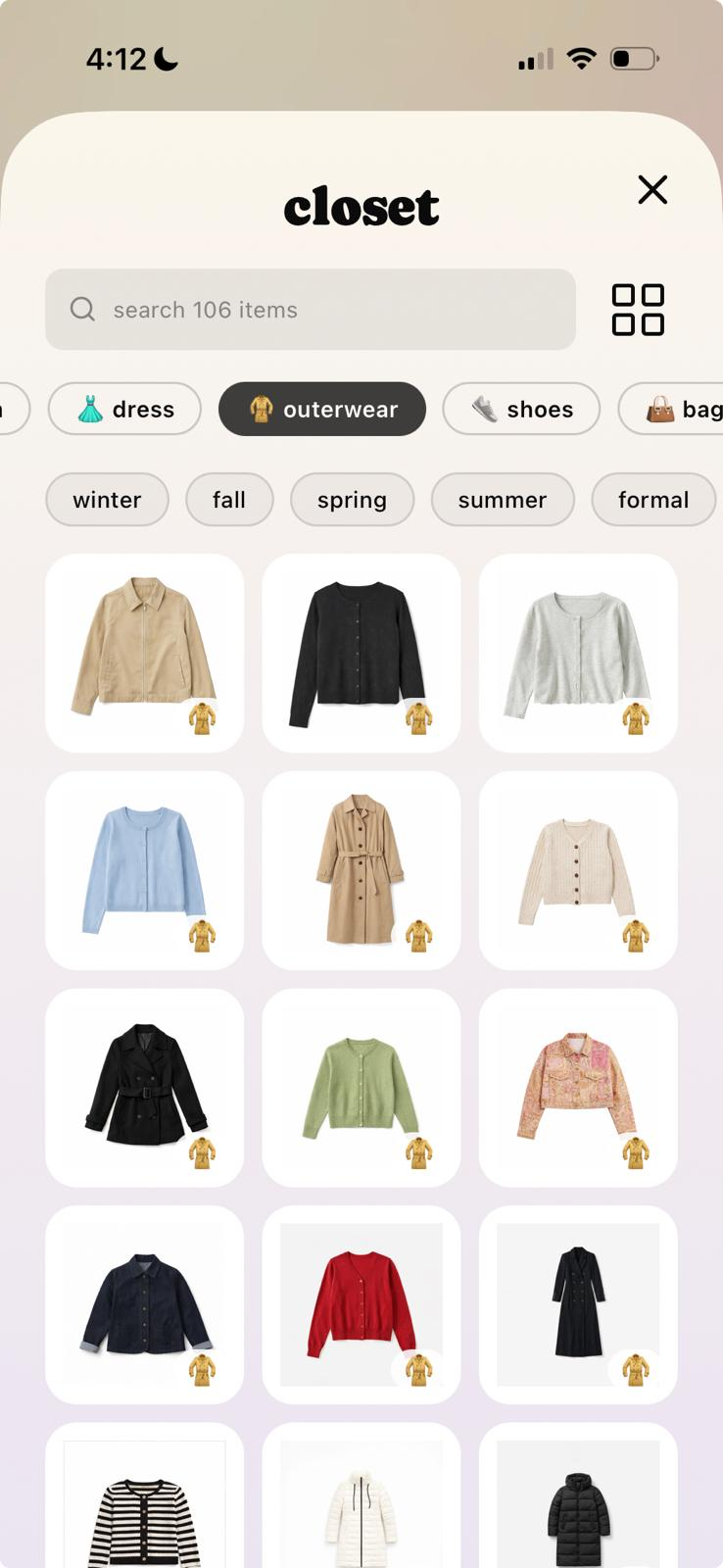 Muse closet of catalogued clothing items